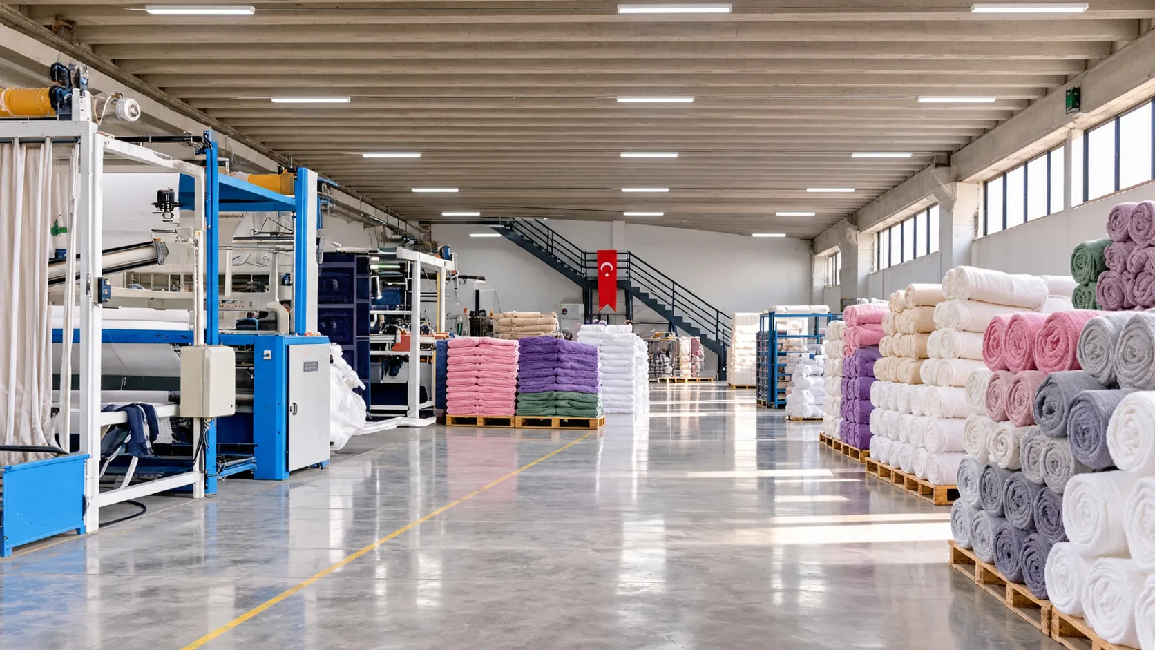 Fabrika içi — havlu stok ve son işlem alanı